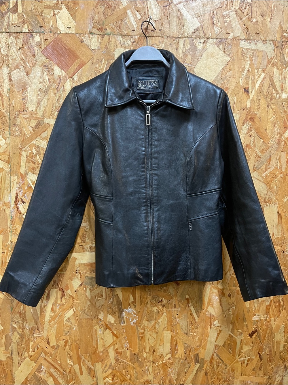 GUESS Black Leather Zip-Up Bomber Jacket